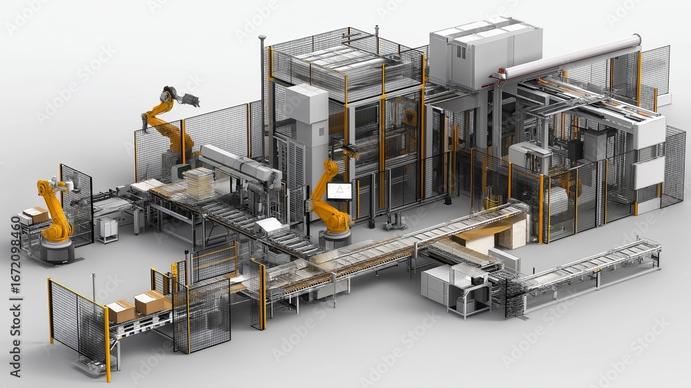 Poster a modern factory setup showcases robotic arms working on an automated assembly line during daylight.