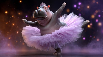 Cartoon Hippopotamus Ballerina Dancing Gracefully in a Pink Tutu with Colorful Lights in the Background