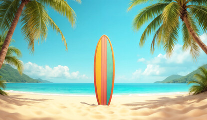 Surfboard on sandy beach with tropical palm trees and sea background