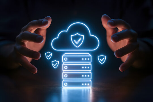 Security and protection surround cloud network defense as hands safeguard data with glowing power