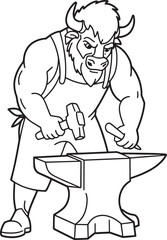 Cartoon Bull Blacksmith Working at Anvil with Hammer and Tongs Line Art Illustration