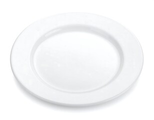Simple, round, white dinner plate, slightly recessed center