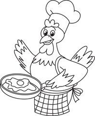 Chef Chicken Cooking Breakfast with Fried Egg in Pan Outline Cartoon Character Illustration