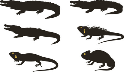 Reptile silhouettes, crocodile, iguana, lizard, amphibian, wildlife animals, nature reptiles, wild fauna, animal silhouettes, exotic reptiles, tropical wildlife, reptile shapes