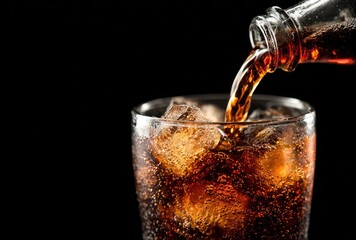 Cola pouring from a glass bottle into a glass packed with ice cubes on a dark background, perfect for beverage ads, soft drink branding, menus, and lifestyle promotional designs