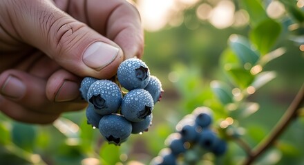Hand holding fresh blueberries covered in morning dew
