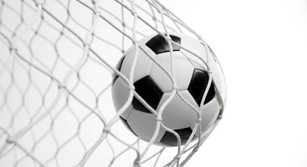 Naklejka premium Soccer ball caught in a net close up black and white