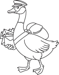 Goose Postman Delivering Letters Outline Cartoon Character Illustration for Children