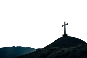religious symbol christian cross on small hill isolated on white background, png, ai generated.