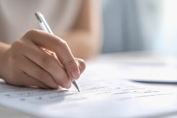 Young caucasian woman focused on filling out documents at home, capturing precision and attention to detail