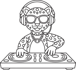 Leopard DJ Cartoon Character Line Art with Headphones and Turntables Illustration