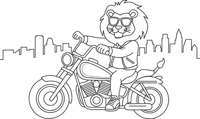 Lion Riding a Motorcycle Through a Cityscape Outline Illustration on Transparent © lok0077