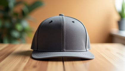 Gray Baseball Cap Mockup on Wooden Table for Fashion Blogs, Online Stores, Merchandise Promotions, Product Display, and Branding Concepts