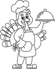Turkey Chef Cartoon Character Line Art Holding Platter Ready to Serve Meal Illustration