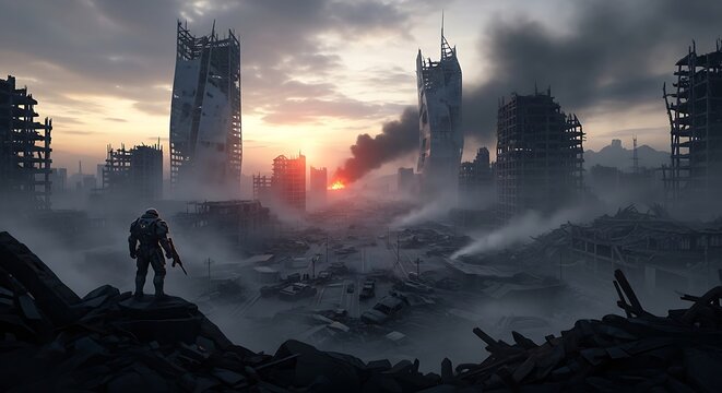 Postapocalyptic cityscape with a lone soldier surveying the destruction