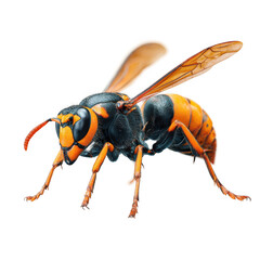 Angled view full body shot of an extremely perfect looking single Asian Hornet animal isolated [Transparent Background PNG].