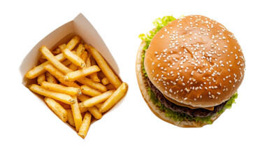 Burger and fries on white background,png