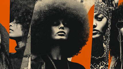 Vibrant collage celebrating iconic black women with bold afro hairstyles