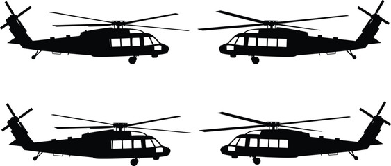 Black helicopter silhouette in various angles, aviation, flying aircraft, rotor blades, military helicopter, transport, travel, silhouette vector illustration