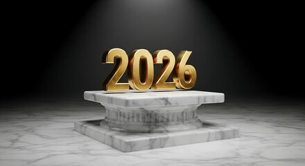 Golden 2026 numbers prominently displayed on a white marble pedestal, illuminated by spotlights against a dark, dramatic background, symbolizing a future year or significant event.