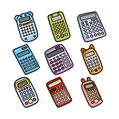 set of colorful cartoon calculators isolated on white background