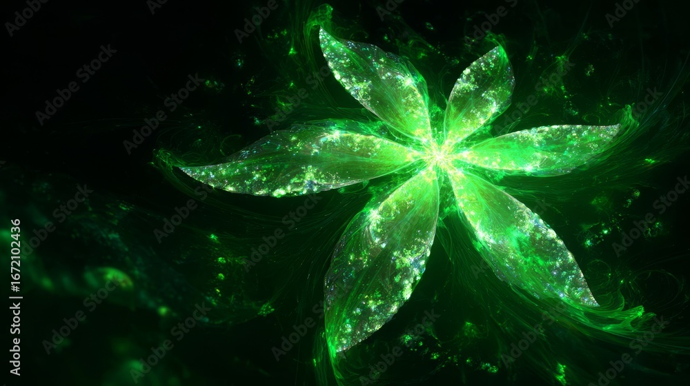 Poster abstract fractal background with glowing bioluminescent starfish shapes and plasma-like light patter