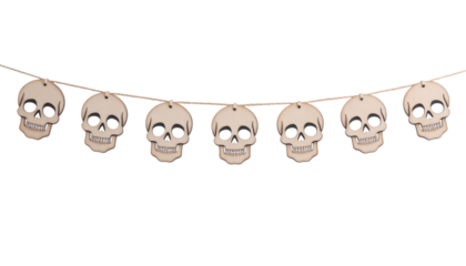 Skull Garland Decoration for Halloween: A charming handmade banner of smiling skull cutouts, strung together, casting a spooky and festive ambiance suitable for Halloween decorations.