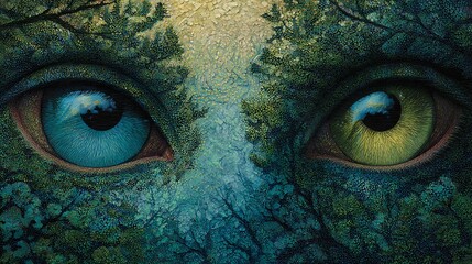 A surreal, forest-themed artwork featuring a pair of eyes with a tree-like background, showcasing a blend of nature and human-like features.
