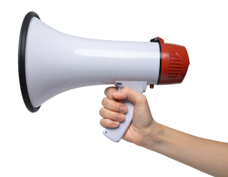 Megaphone in Hand: A hand firmly grips a classic megaphone, poised to deliver a message, symbolizing announcement and communication, conveying importance and command.