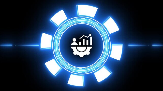 Digital HUD with gear, person, and growth chart icon in a glowing blue circle interface technology