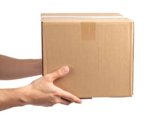 Delivery in Progress: Close-up shot showcases a pair of hands securely gripping a sturdy cardboard box, symbolizing shipment, delivery, and the movement of goods in an engaging visual story.