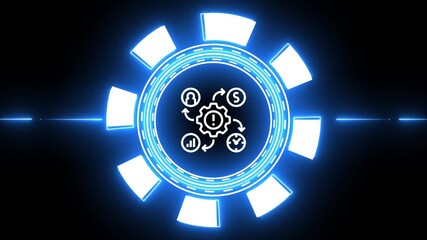 Futuristic HUD with business icons and exclamation mark in a glowing blue circle interface digital - Powered by Adobe