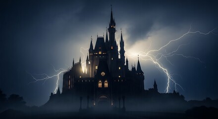 Gothic castle silhouetted against a stormy night sky with lightning