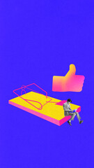 Bold poster. Businessman sitting on mousetrap under bright social media like icon. Concept of dark...