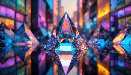 Geometric Crystal Pyramid Reflecting Neon City Lights