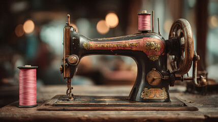 Antique sewing machine on wooden table