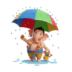 Cute 3D Ganpati Under Umbrella in Rain | Adorable Lord Ganesha with Mouse & Modak