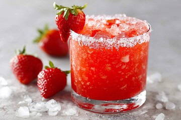Fresh strawberry cocktail served in a glass with crushed ice and garnished with berries during a summer afternoon
