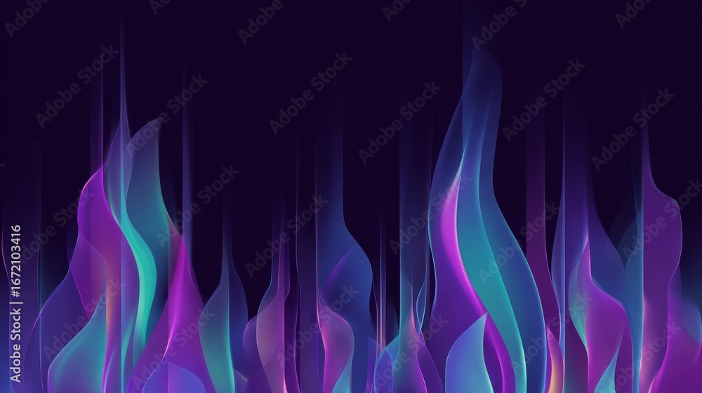 Poster stylized abstract flames and aurora trails in vivid magenta and cyan hues flowing vertically with gl