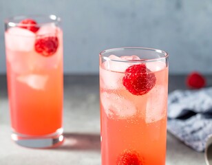 Two tall glasses of refreshing pink raspberry drinks with ice