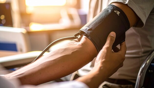 Close-up of a male nurse carefully placing a blood pressure cuff on a patient’s arm to measure blood pressure, highlighting professional healthcare, patient care and medical clinical precision