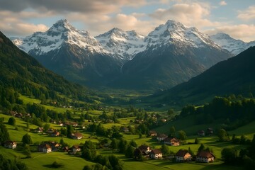 Picturesque Liechtenstein landscape with alpine mountains, lush green valleys, and traditional European charm, perfect for travel, tourism, nature, and cultural themes.