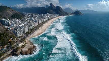 Aerial view of Ipanema Beach Rio de Janeiro Brazil stunning coastline city skyscrapers mountains ocean waves