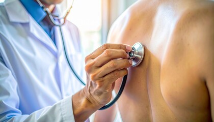 Close up cinematic view of a doctor performing a lung examination by placing a stethoscope on a patient’s back, highlighting precision, care, and professional medical attention in a healthcare setting