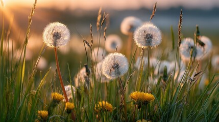 Golden hour dandelion field sunset glow nature beauty