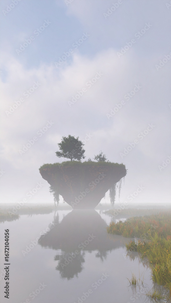 Aufkleber floating island, mist and surreal landscape: surreal floating island hidden in mist fills you with s