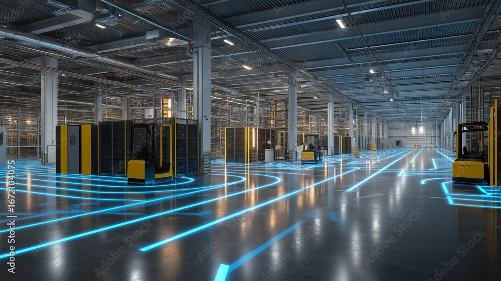 Poster modern warehouse features glowing pathways and automated machines for streamlined operations.