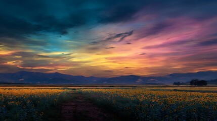 A vibrant sunflower field stretches across a picturesque landscape, bathed in the soft hues of a setting sun.
