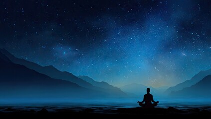 Serene night scene of a person meditating by a calm lake, mountains, and a starry sky