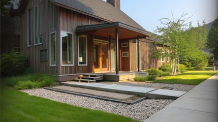 Modern farmhouse with horizontal siding and white trim, featuring a spacious wooden porch, neatly landscaped yard,